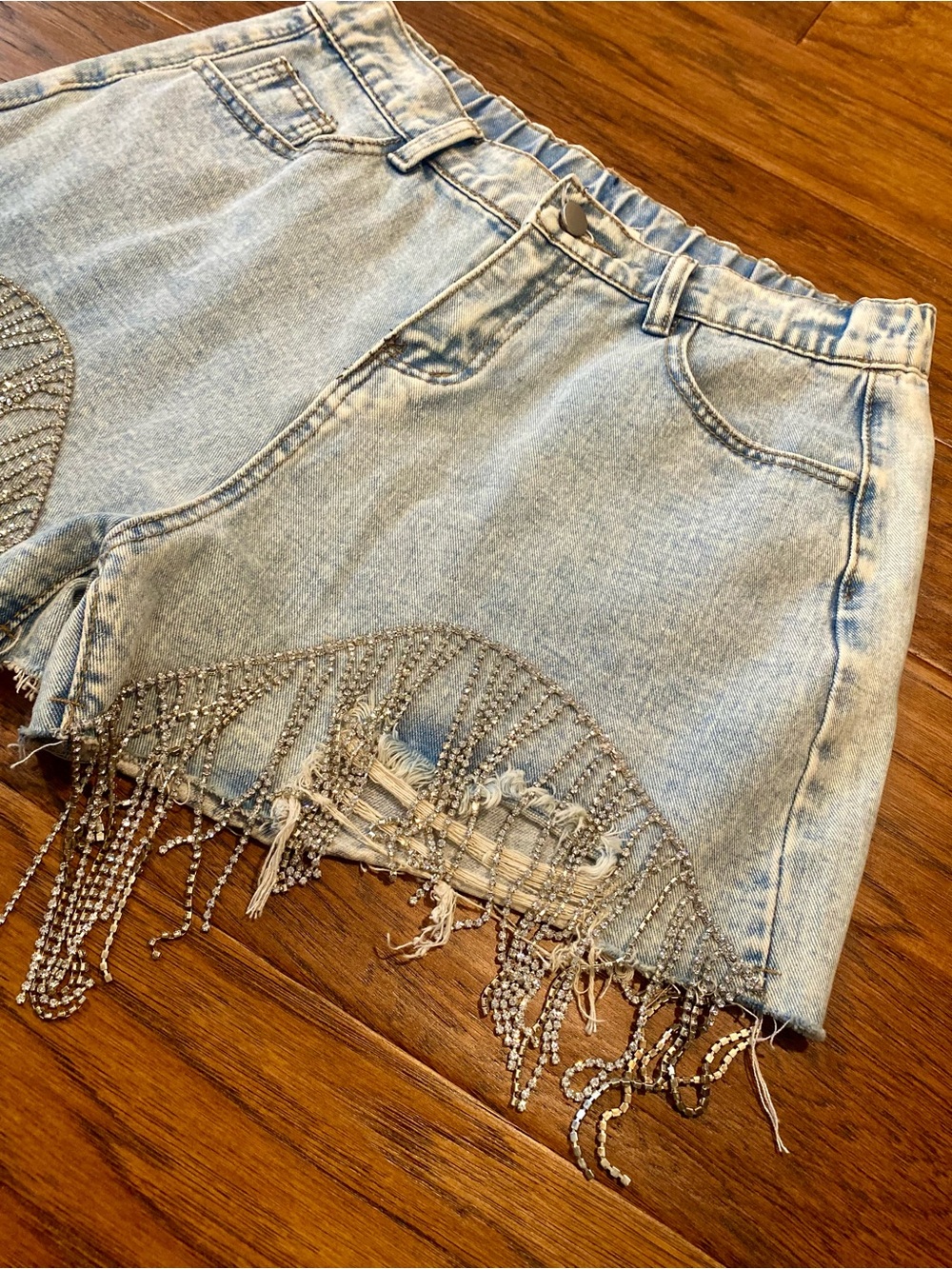 NWOT Savanna Jane Light Blue Denim Shorts with Rhinestone Fringe